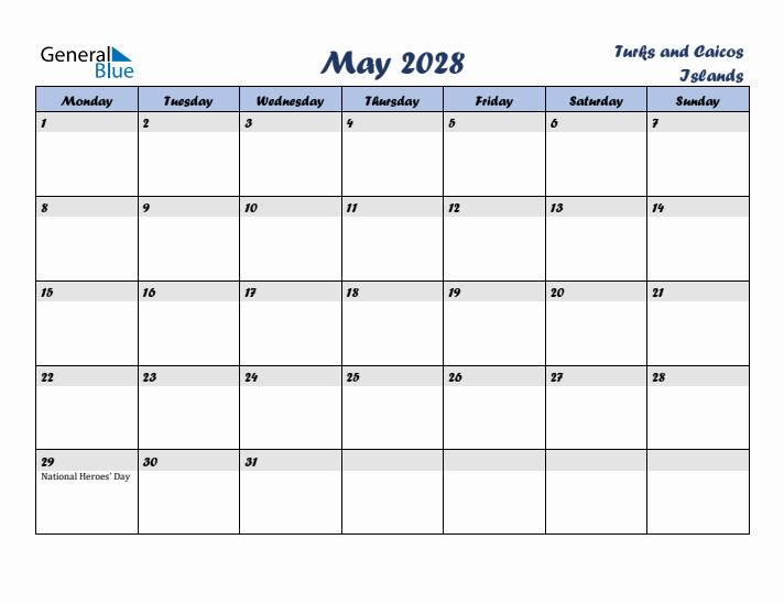 May 2028 Calendar with Holidays in Turks and Caicos Islands