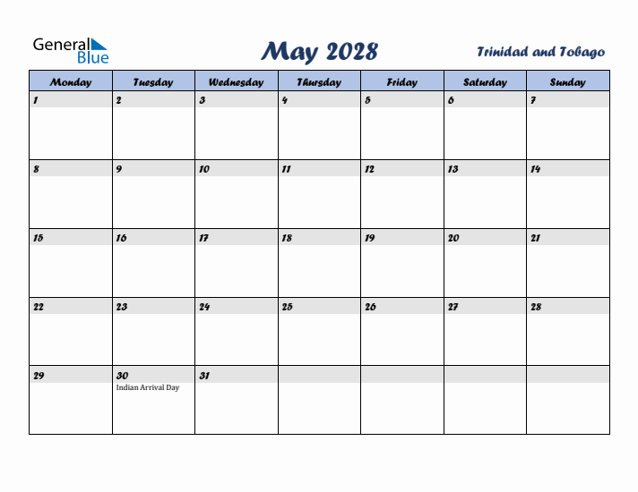 May 2028 Calendar with Holidays in Trinidad and Tobago