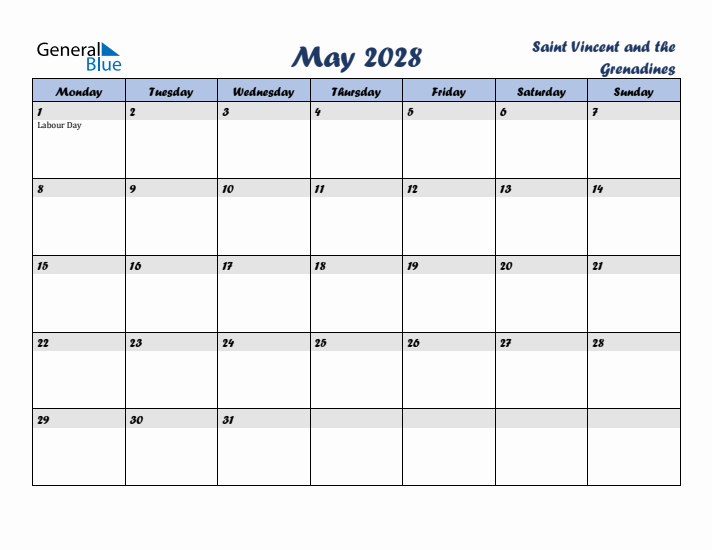 May 2028 Calendar with Holidays in Saint Vincent and the Grenadines