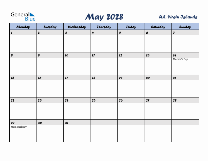 May 2028 Calendar with Holidays in U.S. Virgin Islands
