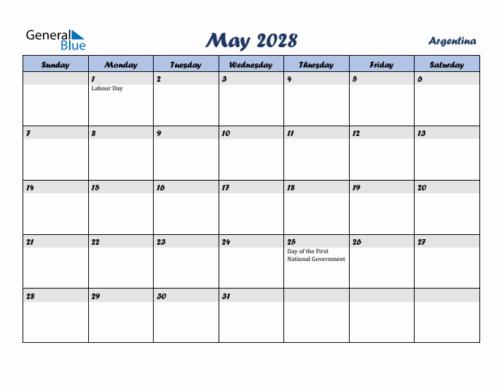 May 2028 Calendar with Holidays in Argentina