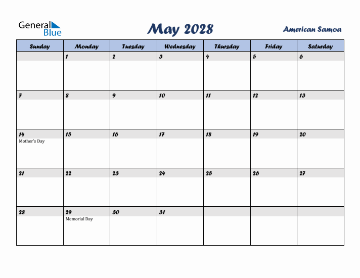 May 2028 Calendar with Holidays in American Samoa