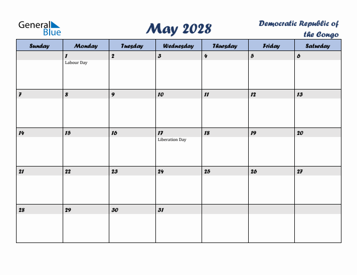 May 2028 Calendar with Holidays in Democratic Republic of the Congo