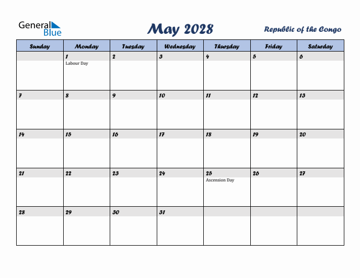May 2028 Calendar with Holidays in Republic of the Congo