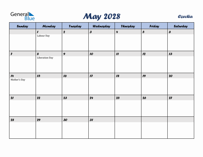 May 2028 Calendar with Holidays in Czechia