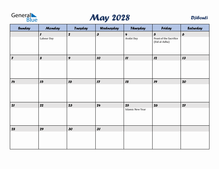 May 2028 Calendar with Holidays in Djibouti