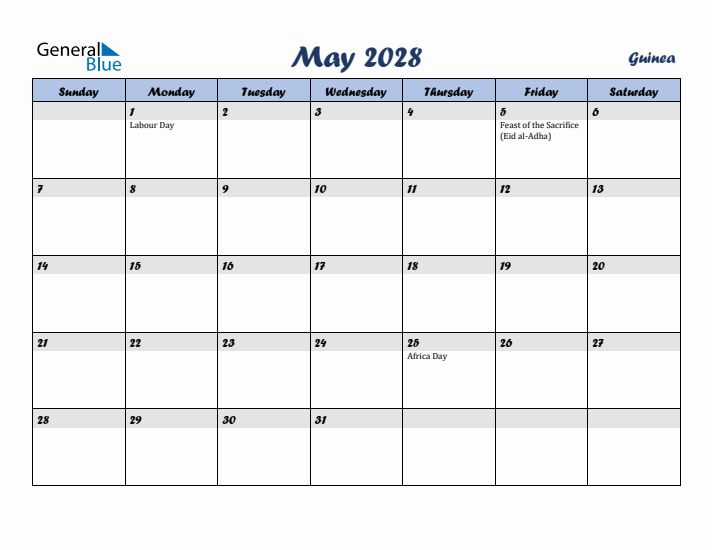 May 2028 Calendar with Holidays in Guinea