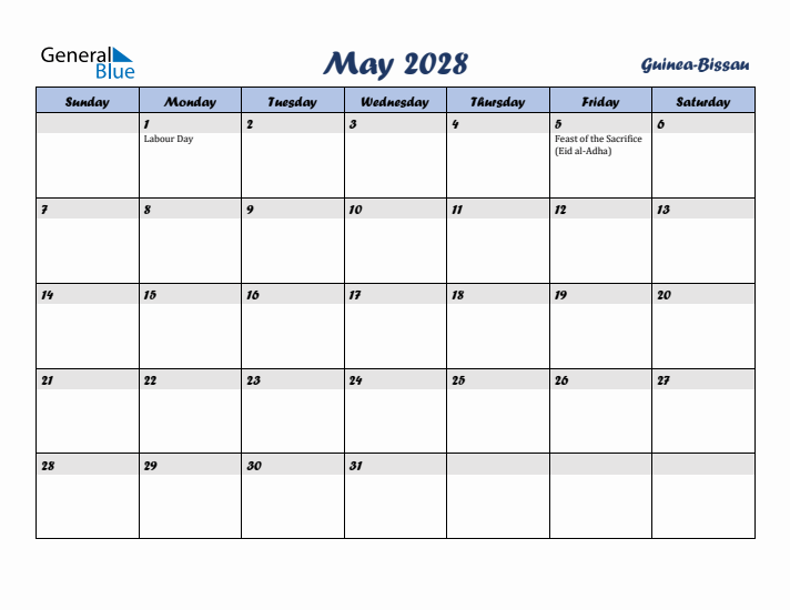 May 2028 Calendar with Holidays in Guinea-Bissau