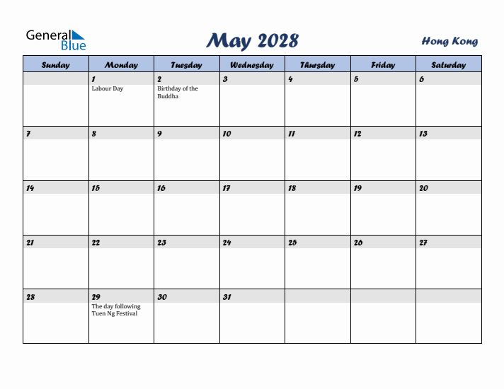 May 2028 Calendar with Holidays in Hong Kong
