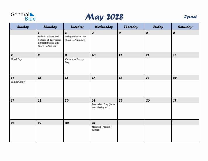 May 2028 Calendar with Holidays in Israel