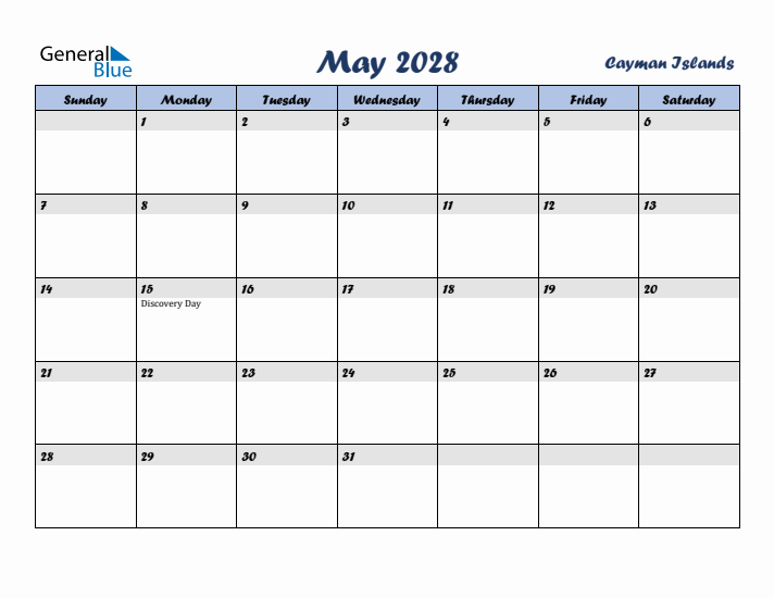 May 2028 Calendar with Holidays in Cayman Islands