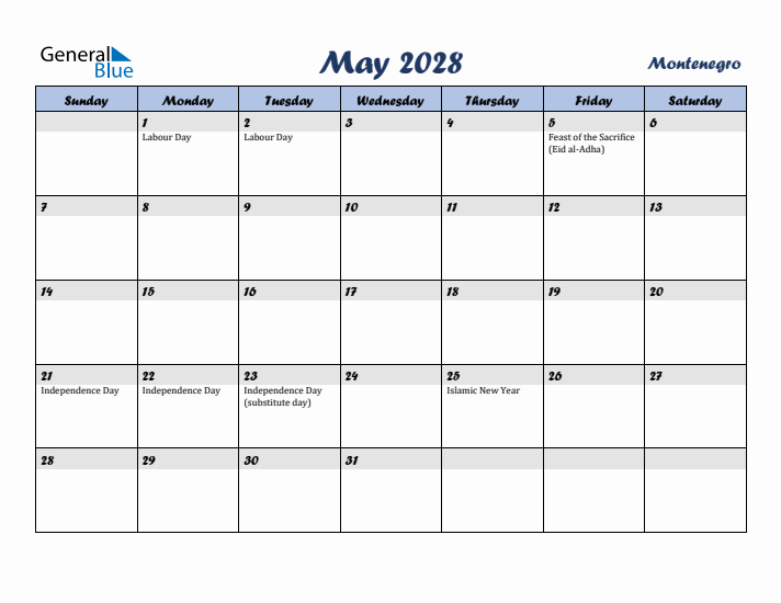 May 2028 Calendar with Holidays in Montenegro