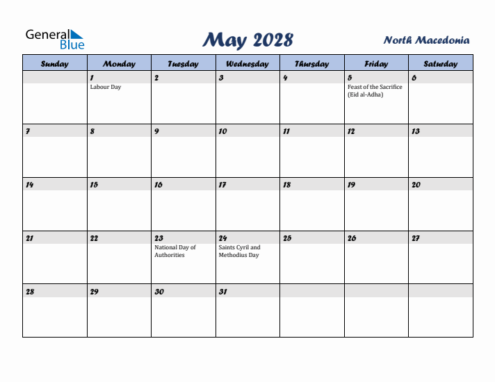 May 2028 Calendar with Holidays in North Macedonia
