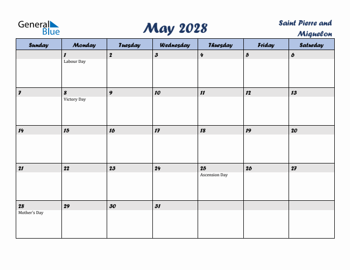 May 2028 Calendar with Holidays in Saint Pierre and Miquelon