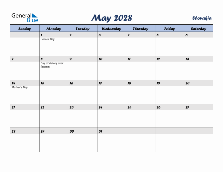 May 2028 Calendar with Holidays in Slovakia