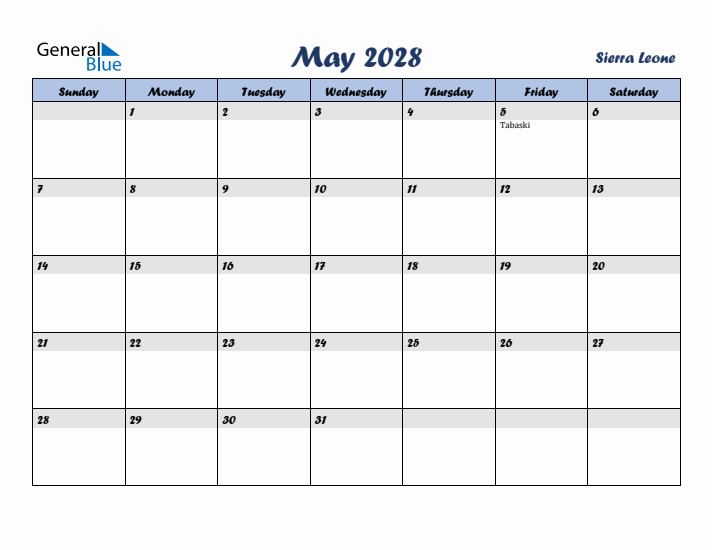 May 2028 Calendar with Holidays in Sierra Leone