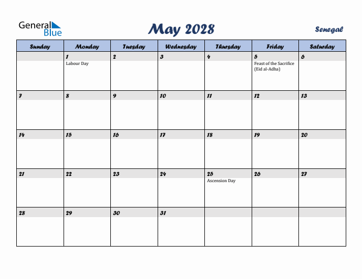 May 2028 Calendar with Holidays in Senegal