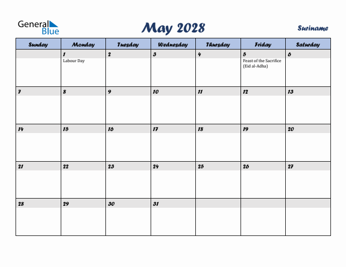 May 2028 Calendar with Holidays in Suriname