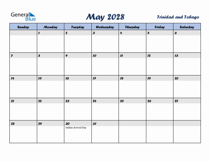 May 2028 Calendar with Holidays in Trinidad and Tobago