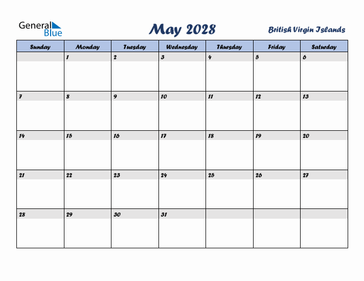 May 2028 Calendar with Holidays in British Virgin Islands