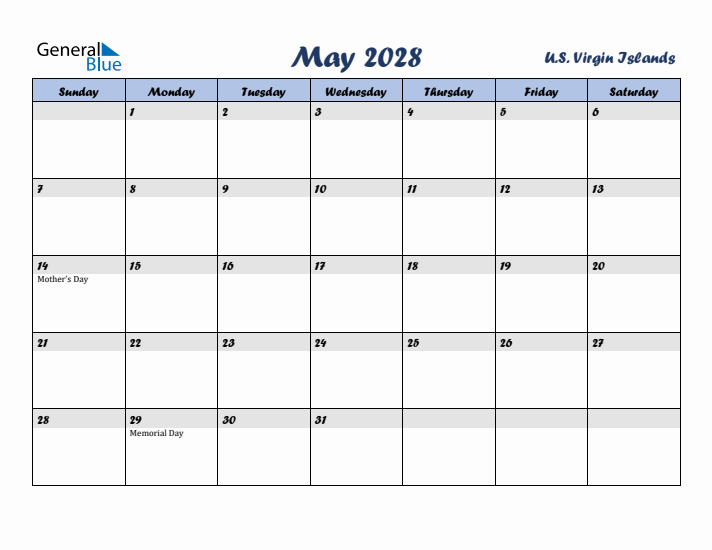 May 2028 Calendar with Holidays in U.S. Virgin Islands