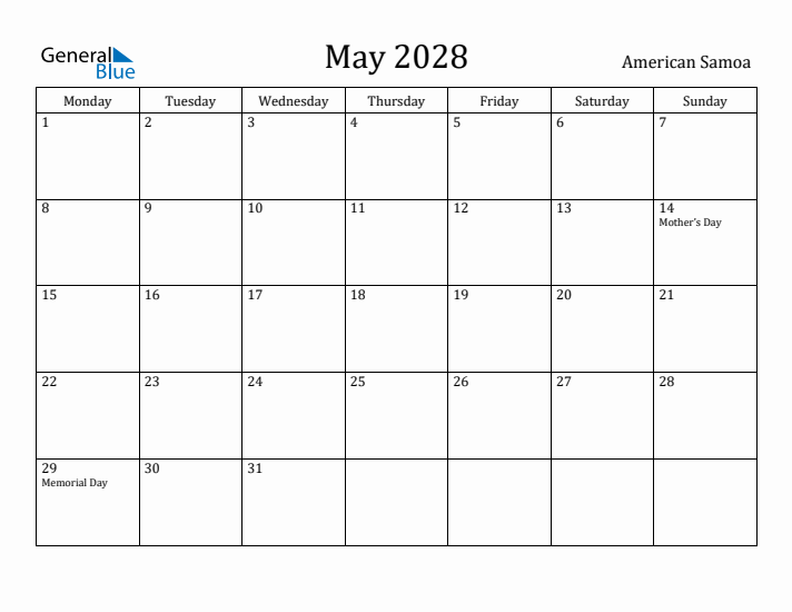May 2028 Calendar American Samoa