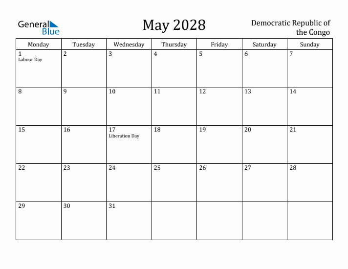 May 2028 Calendar Democratic Republic of the Congo