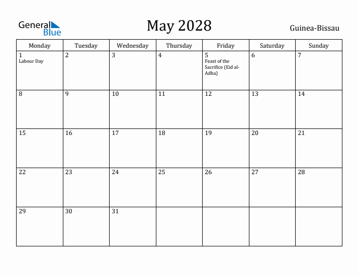 May 2028 Calendar Guinea-Bissau