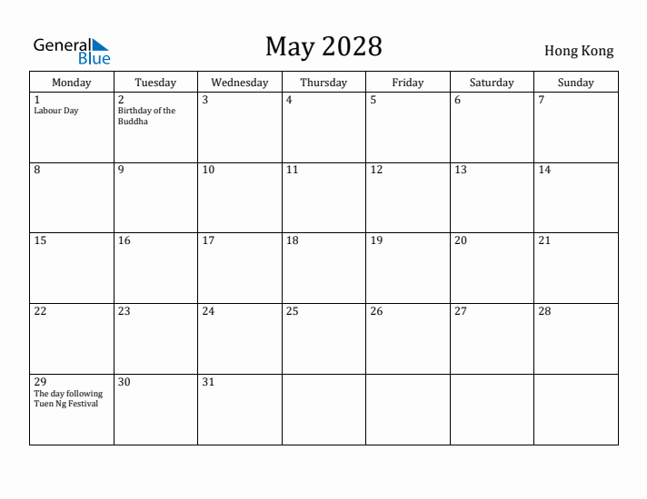 May 2028 Calendar Hong Kong