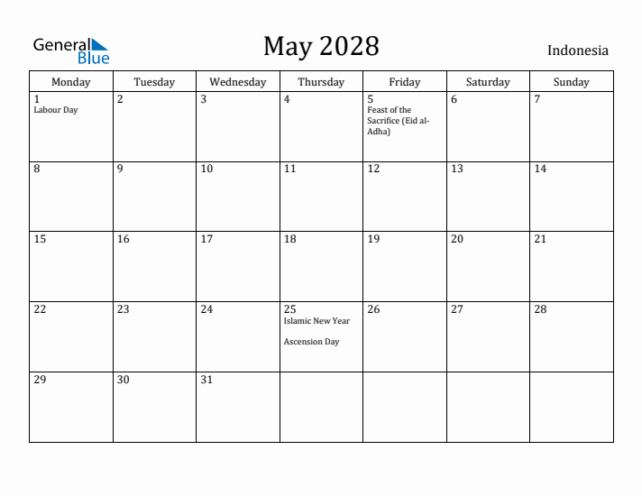 May 2028 Calendar Indonesia
