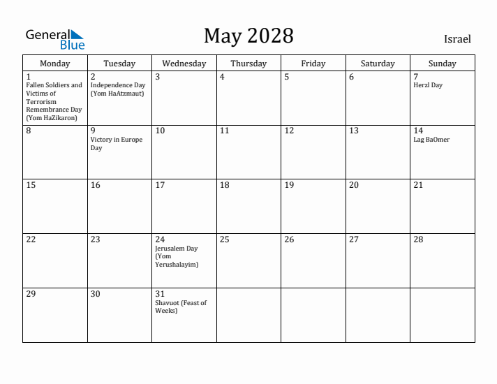 May 2028 Calendar Israel