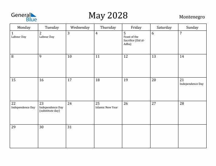 May 2028 Calendar Montenegro