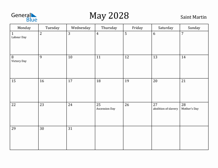 May 2028 Calendar Saint Martin