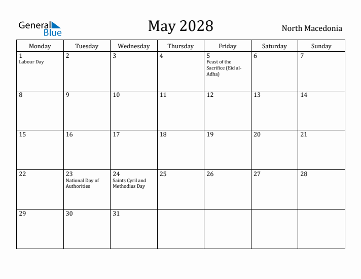 May 2028 Calendar North Macedonia