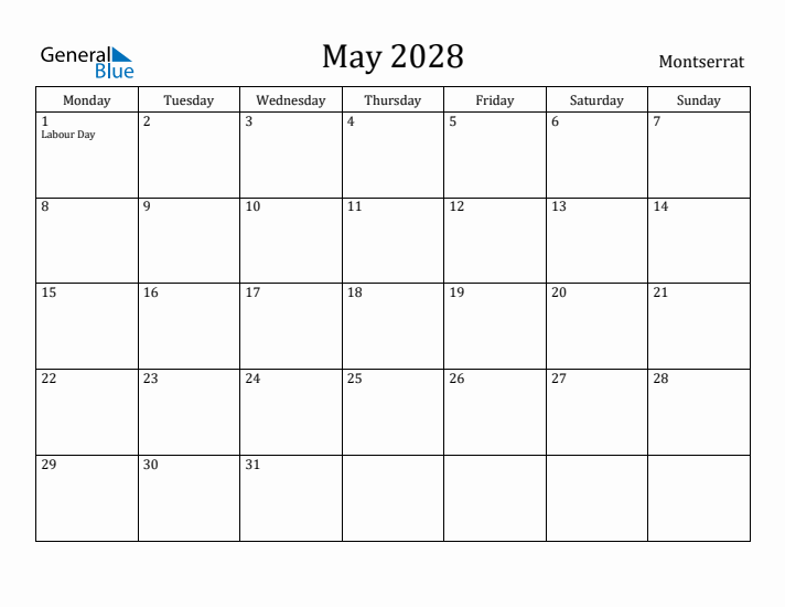 May 2028 Calendar Montserrat