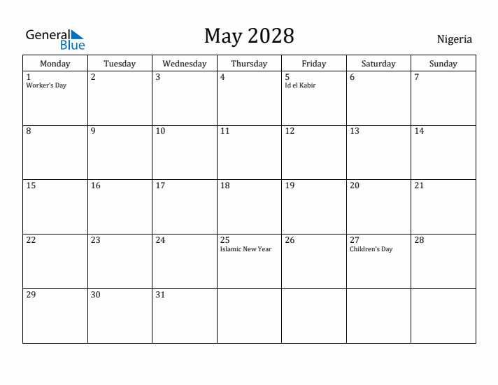 May 2028 Calendar Nigeria