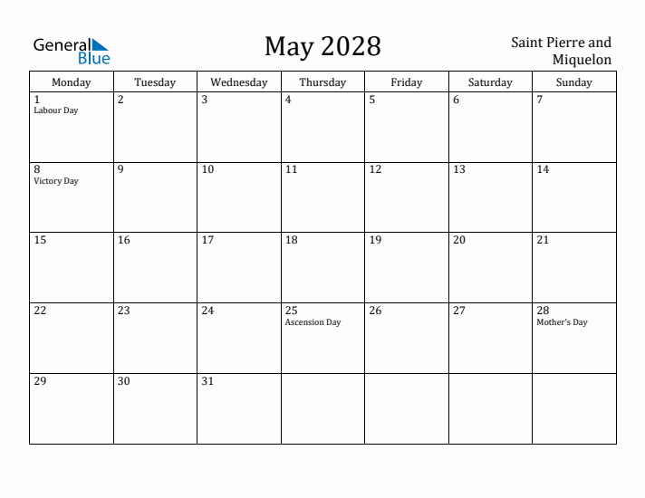 May 2028 Calendar Saint Pierre and Miquelon