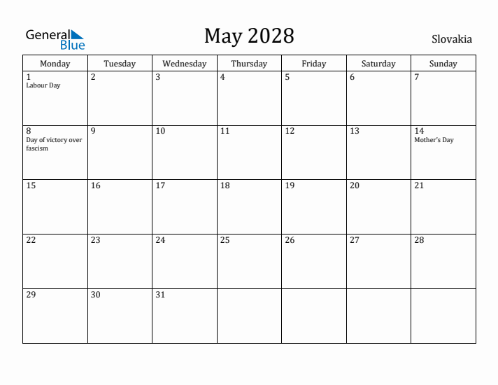 May 2028 Calendar Slovakia