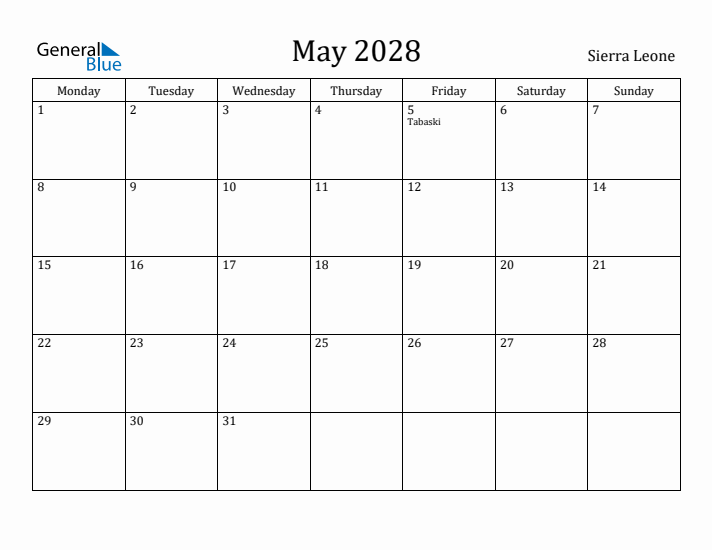 May 2028 Calendar Sierra Leone