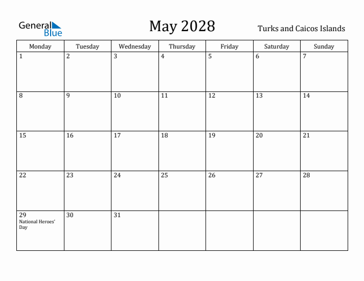May 2028 Calendar Turks and Caicos Islands