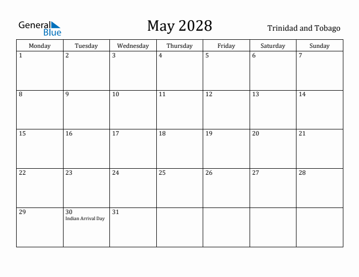 May 2028 Calendar Trinidad and Tobago