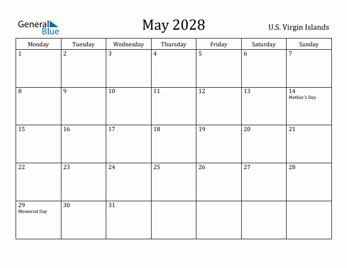 May 2028 Calendar U.S. Virgin Islands