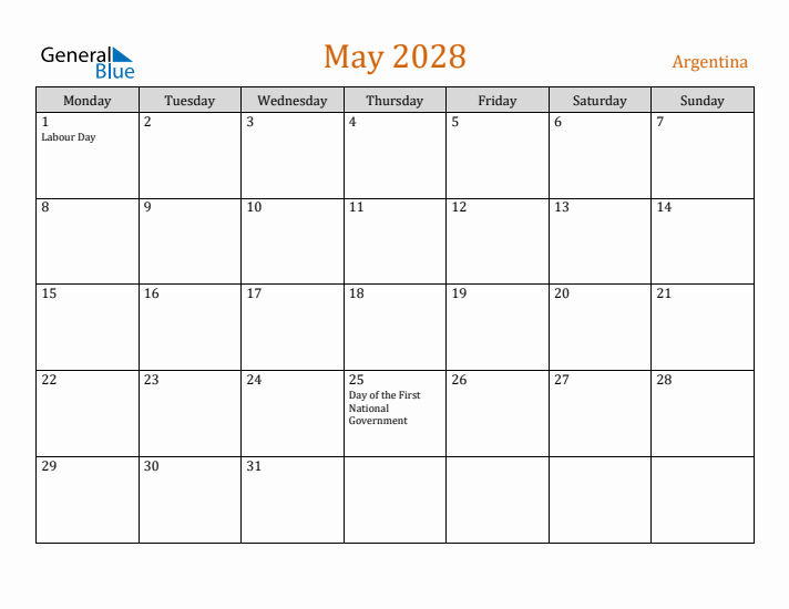 May 2028 Holiday Calendar with Monday Start