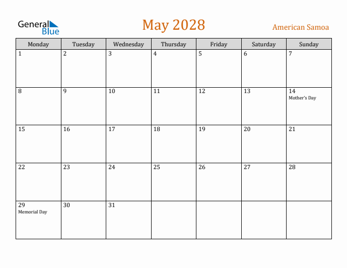 May 2028 Holiday Calendar with Monday Start