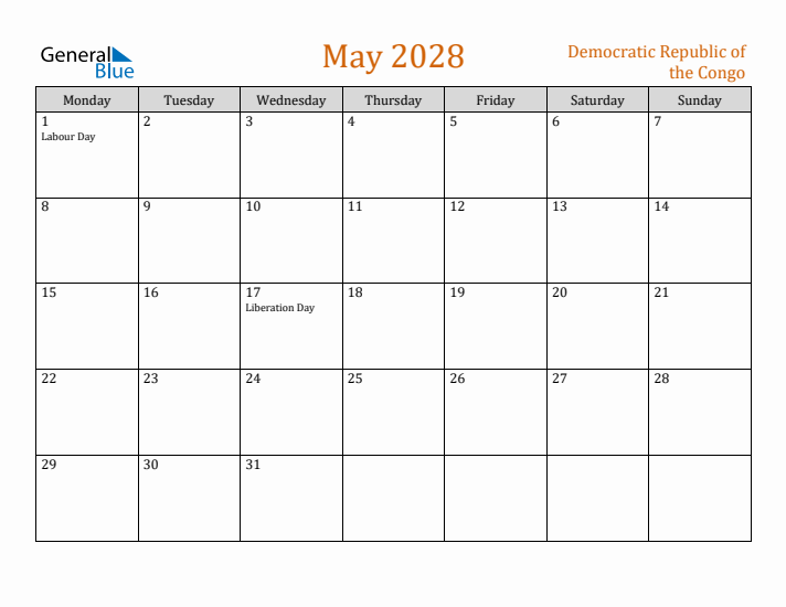 May 2028 Holiday Calendar with Monday Start