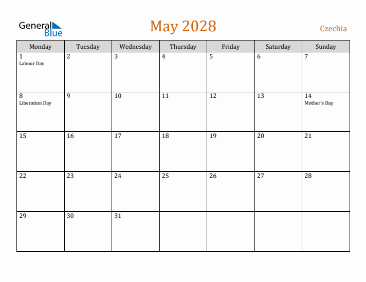 May 2028 Holiday Calendar with Monday Start