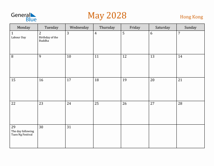 May 2028 Holiday Calendar with Monday Start