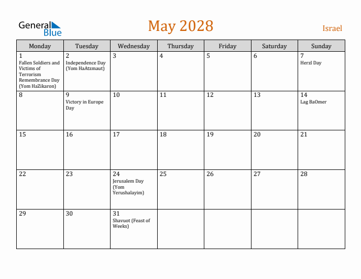 May 2028 Holiday Calendar with Monday Start