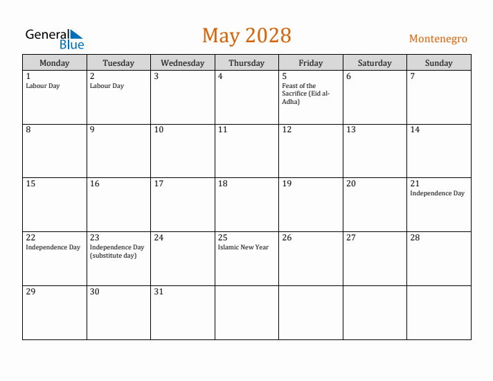 May 2028 Holiday Calendar with Monday Start