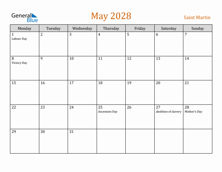 May 2028 Holiday Calendar with Monday Start